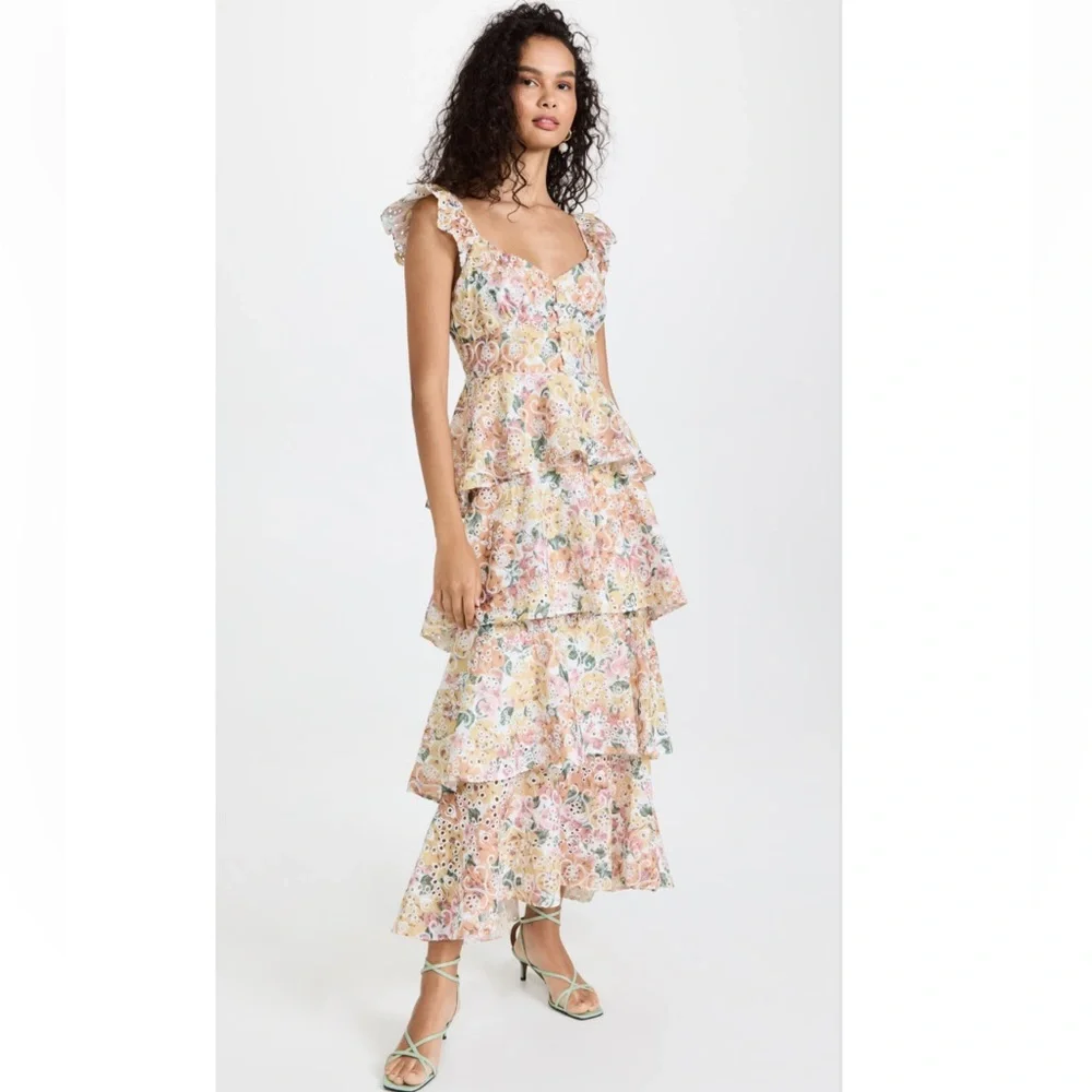 NWT En Saison Presley Floral Embroidered Tieres Midi Dress, Size Large. - Picture 2 of 13